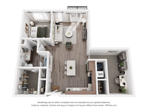 3D floor plan of a one-bedroom apartment featuring a bedroom, bathroom, kitchen with island, living room, balcony, laundry area, and separate office space. Modern decor, wood floors, and large windows are visible.