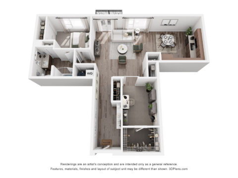 3D floor plan of a two-bedroom apartment with living room, kitchen, dining area, bathroom, laundry closet, and balcony. Bedrooms are on opposite sides, and furniture is arranged throughout.