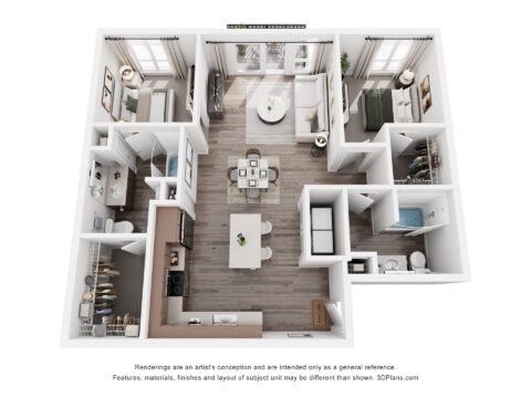 3D floor plan of a two-bedroom, two-bath apartment with an open kitchen, dining, and living area, laundry room, and balcony. Furniture and fixtures are shown for layout reference.
