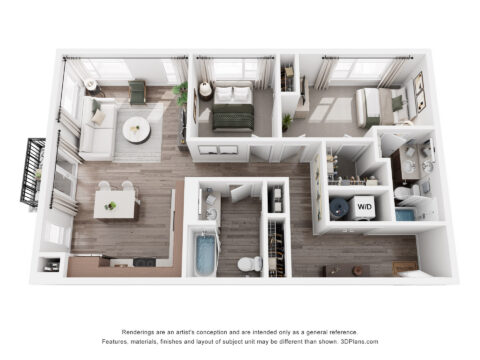 3D floor plan of a two-bedroom apartment with a living room, kitchen, dining area, bathroom, laundry closet, and balcony. Bedrooms are on the top, with shared spaces below and to the left.