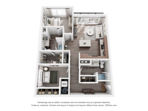 3D floor plan of a modern apartment with one bedroom, one bathroom, open living-dining area, kitchen, laundry closet, walk-in closet, and a small office space near the entrance. Furniture and decor are included.