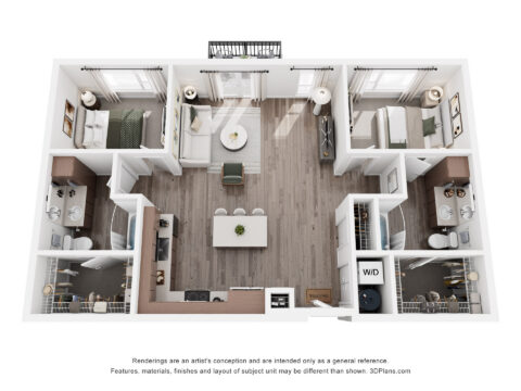 3D floor plan of a two-bedroom apartment with two bathrooms, open kitchen, dining, and living area, balcony, laundry area with washer/dryer, and bedrooms on opposite sides. Modern furnishings and wood flooring throughout.