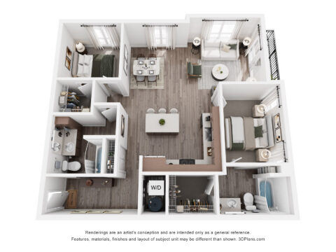 3D floor plan of a two-bedroom, two-bath apartment featuring a kitchen, dining area, living room, laundry closet, and two balconies. Modern decor and wood flooring are shown throughout the space.