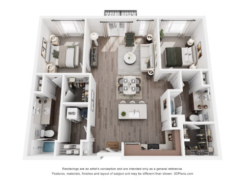 3D floor plan of a two-bedroom, two-bathroom apartment with an open kitchen, dining, and living area, laundry room, and balcony. Bedrooms and bathrooms are on opposite sides. Modern decor and neutral colors throughout.