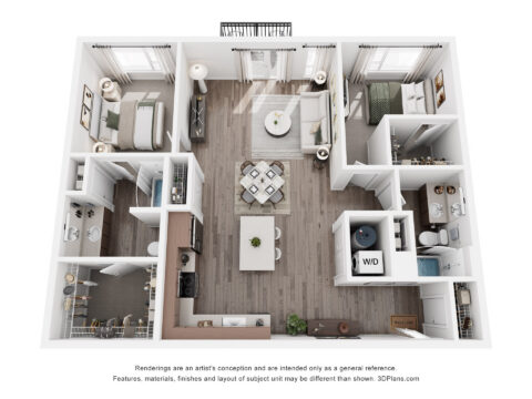 3D floor plan of a two-bedroom, two-bath apartment with kitchen, dining area, living room, laundry closet, balcony, and closets. Furniture and decor are shown for reference.