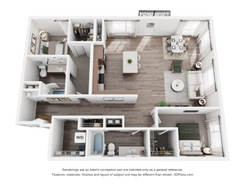 3D floor plan of a one-bedroom apartment showing a bedroom, bathroom, kitchen, dining area, living room, washer/dryer, and a balcony, all furnished with modern decor and wood floors.