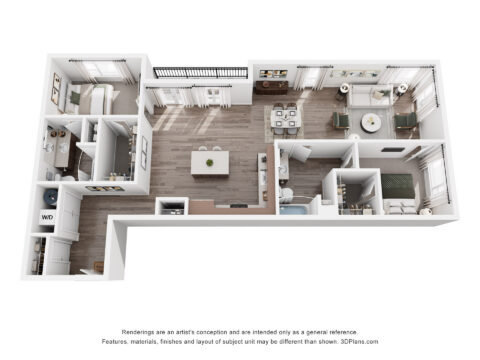 3D floor plan of a modern apartment with two bedrooms, two bathrooms, an open kitchen, dining area, living room, laundry room, and a balcony. Light decor with large windows throughout.