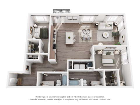 3D floor plan of a modern two-bedroom, two-bathroom apartment featuring a kitchen, dining area, living room, laundry area, and two balconies with large windows in each room.
