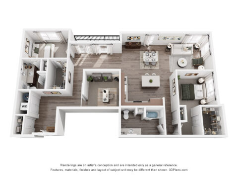 3D rendered floor plan of a two-bedroom, two-bath apartment with a kitchen, dining area, living room, balcony, laundry area, and dedicated office space.