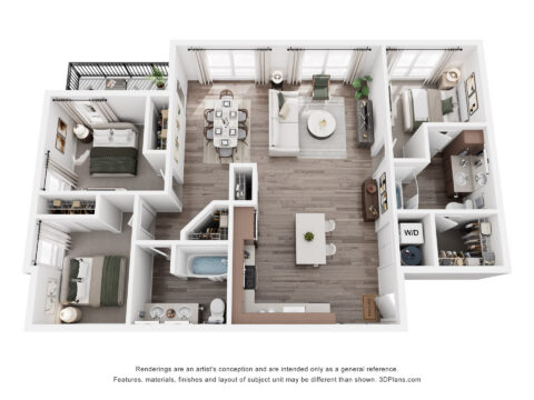 3D floor plan of a two-bedroom, two-bath apartment with a living room, kitchen, dining area, laundry room, balcony, and closets. Neutral décor and wood flooring throughout main living areas.