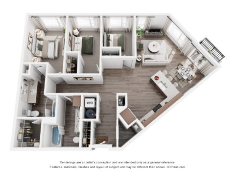 3D floor plan of a two-bedroom, two-bathroom apartment with an open kitchen, dining, and living area, laundry room, and a small balcony. Furniture and appliances are included in the layout.