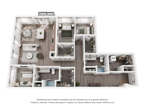 3D floor plan of a three-bedroom apartment with two bathrooms, a kitchen, dining area, living room, laundry area (W/D), and multiple closets. Furniture is arranged in each room.