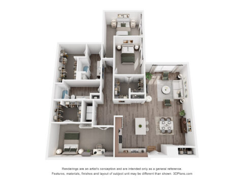 3D floor plan of a modern apartment with three bedrooms, two bathrooms, kitchen, dining area, living room, laundry room, and desk space. Neutral décor, wood flooring, and large windows throughout.