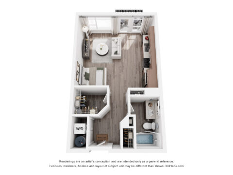 Top-down view of a modern studio apartment with a kitchen, living area, bed, bathroom, closet, and washer/dryer. Light wood floors, large windows, and minimal decor create an open, airy space.