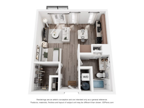 3D floor plan of a one-bedroom apartment with a living room, kitchen, dining area, bedroom, bathroom, walk-in closet, washer/dryer, and balcony. Modern decor with wood flooring and neutral colors.